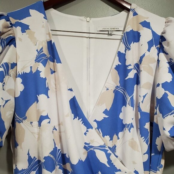 Julia Jordan Women's Floral Print Puff Sleeve Faux Wrap Dress In Blue Size 14 - Picture 13 of 15